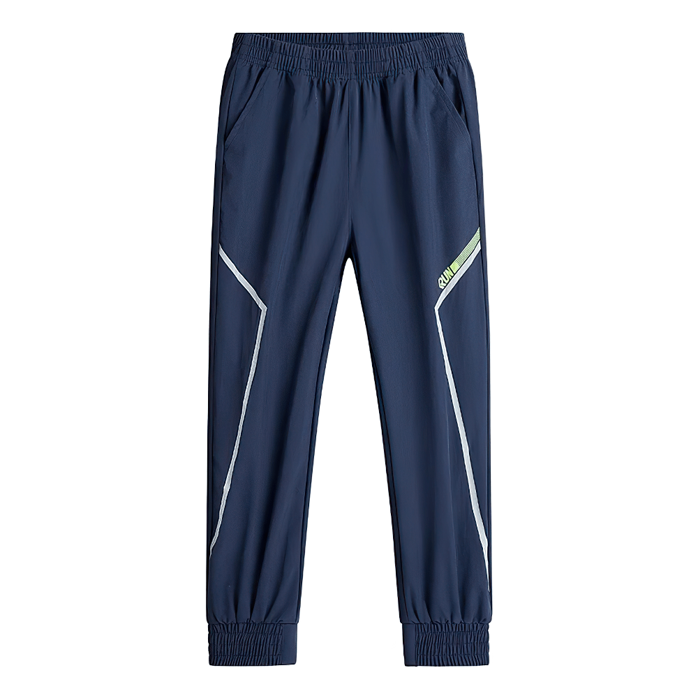 Navy blue Quick-drying Sports Pants for Boys with Side Pockets - SF3619 featuring elastic waist and drawstring closure.